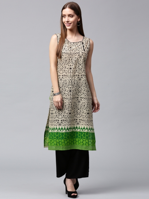 

Nayo Women Cream-Coloured & Black Printed Straight Kurta