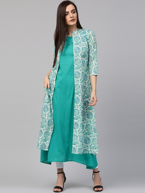 

Nayo Women Blue & White Printed A-Line Layered Kurta