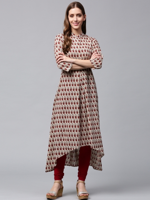 

Nayo Women Beige & Maroon Printed A-Line Kurta