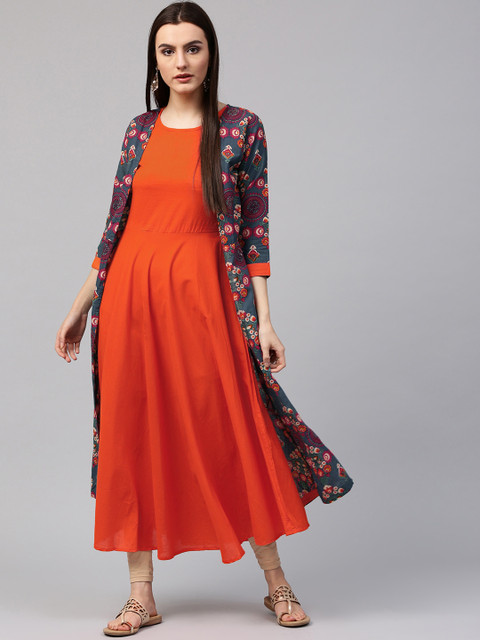 

Nayo Women Teal Blue & Orange Printed Layered A-Line Kurta