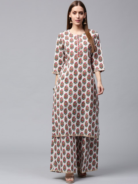 

Nayo Women White & Pink Printed Kurta with Palazzos