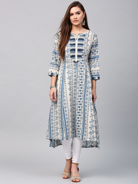 

Nayo Women Off-White & Blue Printed A-Line Kurta