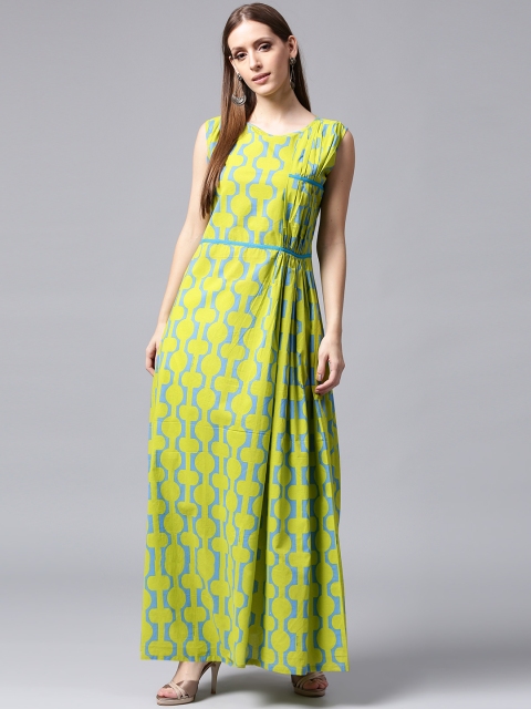 

Nayo Women Lime Green & Blue Printed A-Line Kurta