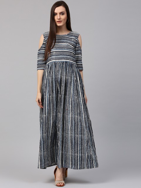 

Nayo Women Blue & Off-White Striped A-Line Kurta