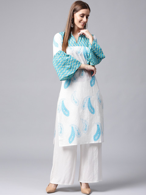 

Nayo Women White & Blue Printed Straight Kurta