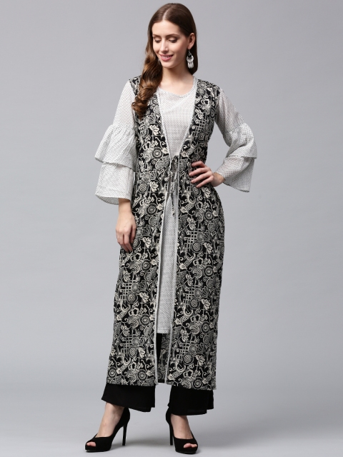 

Nayo Women White & Black Printed Layered A-Line Kurta