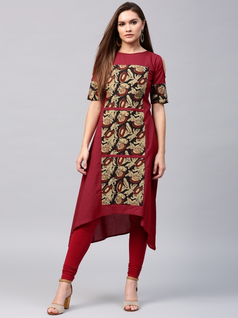 

Nayo Women Maroon & Beige Printed Asymmetrical Hem Straight Kurta