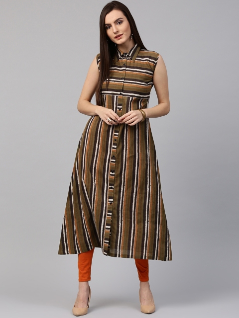 

Nayo Women Olive Green Striped A-Line Kurta