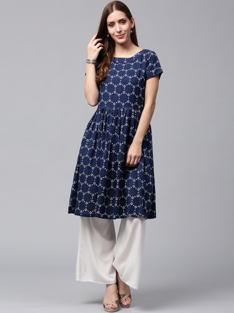 

Nayo Women Navy Blue & White Printed A-Line Kurta