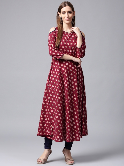 

Nayo Women Maroon Printed Cold Shoulder Anarkali Kurta