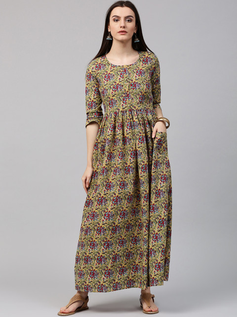 

Nayo Women Mustard Yellow & Green Printed A-Line Kurta