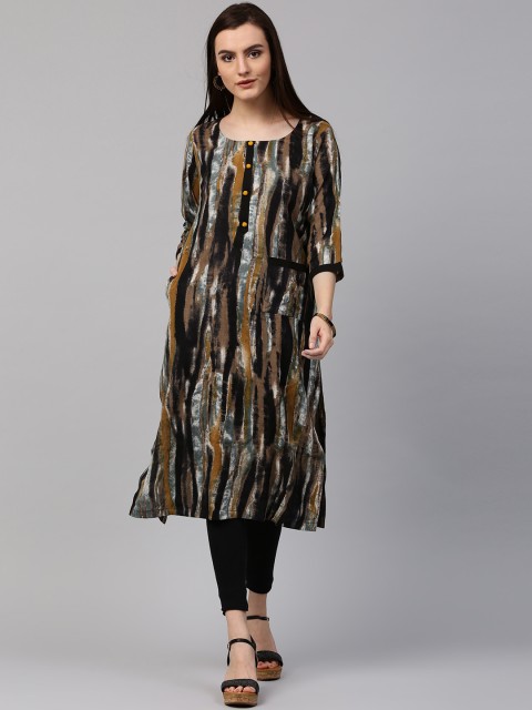 

Nayo Women Beige & Black Printed Straight Kurta