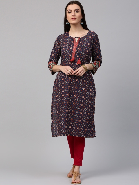 

Nayo Women Navy & Red Printed Straight Kurta, Navy blue