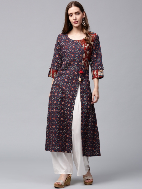 

Nayo Women Navy & Rust Orange Printed A-Line Kurta, Navy blue
