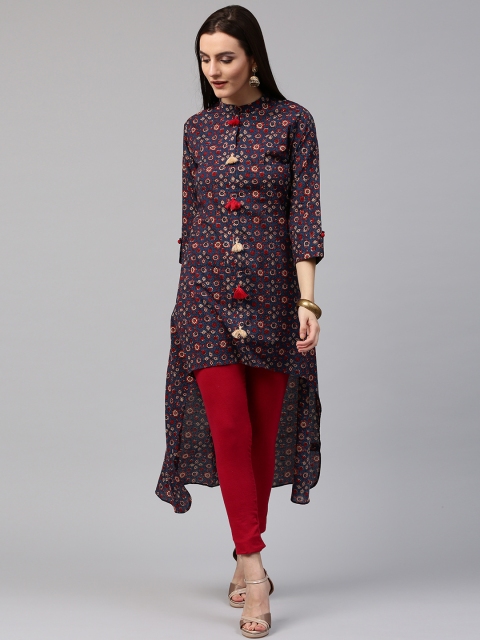 

Nayo Women Navy & Red Printed Straight Kurta, Navy blue