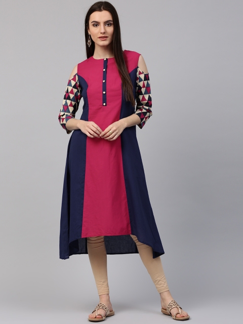 

Nayo Women Blue & Pink Colourblocked A-Line Kurta