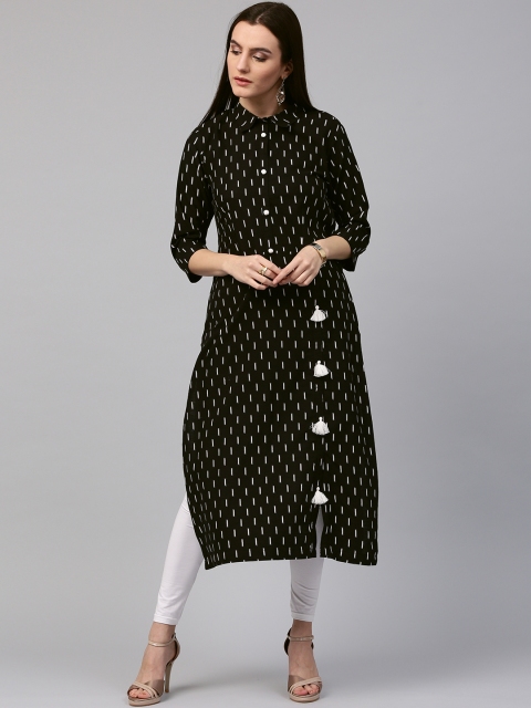 

Nayo Women Black & White Ikat Pattern Straight Kurta