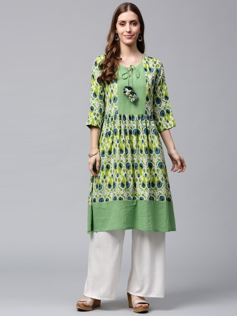 Nayo Women Green & Blue Printed Anarkali Kurta