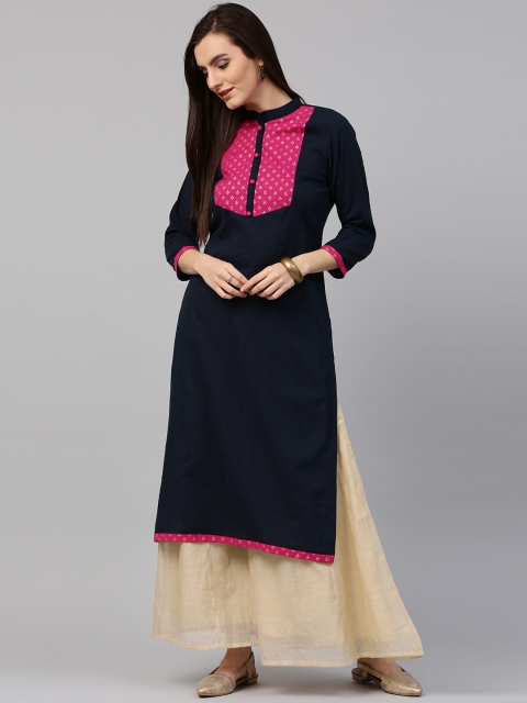 

Nayo Women Navy Blue Printed Detail Straight Kurta