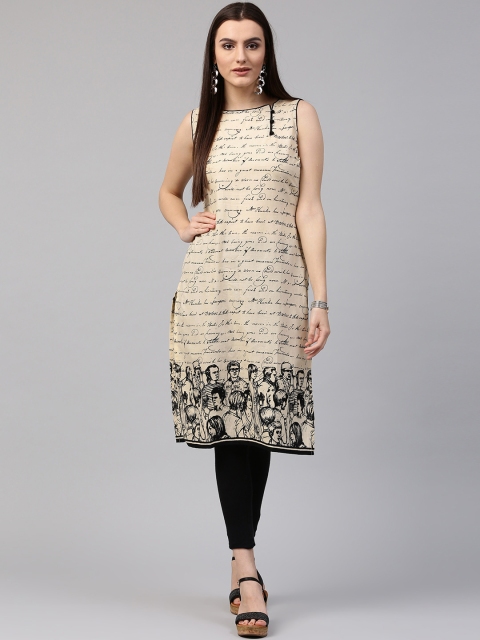 

Nayo Women Cream-Coloured & Black Printed Straight Kurta