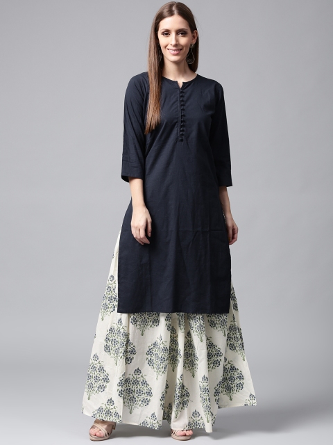 

Nayo Women Navy Blue & White Solid Kurta with Printed Skirt