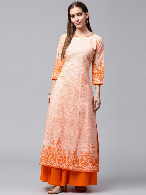 

Nayo Women Orange & Off-White Printed Kurta with Skirt