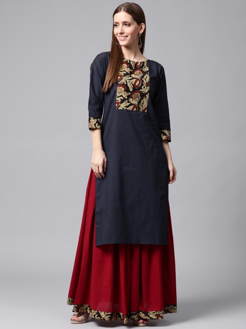 

Nayo Women Navy Printed Kurta with Skirt, Navy blue