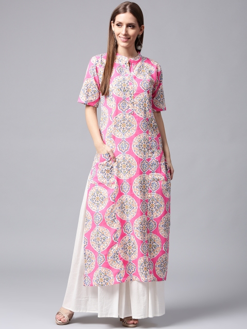 

Nayo Women Pink & White Printed Kurta with Skirt