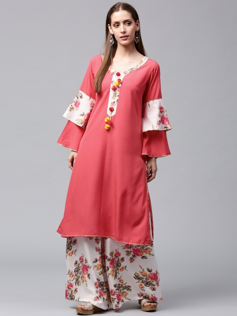 

Nayo Women Coral Pink & Off-White Solid Kurta with Palazzos