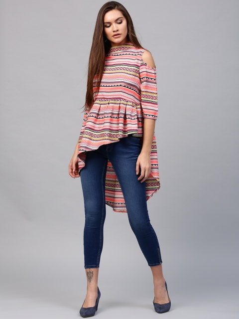 

Nayo Pink & Blue Printed Cold-Shoulder Tunic