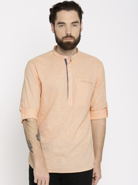 

British Club Men Peach Woven Design Straight Kurta