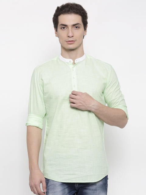 

British Club Men Green Woven Design Straight Kurta