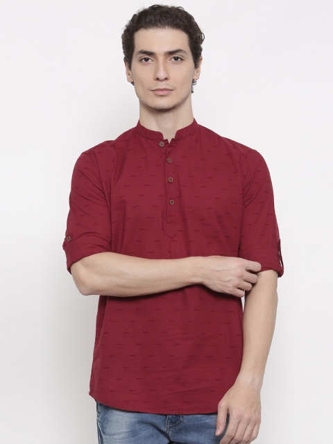 

British Club Men Red Woven Design Straight Kurta