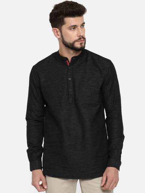 

British Club Men Black Woven Design Straight Kurta