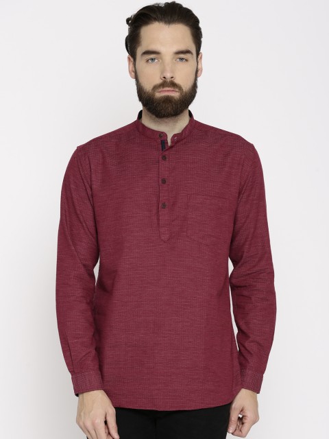 

British Club Men Burgundy Woven Design Straight Kurta