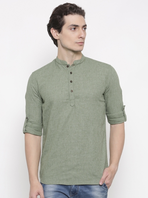 

British Club Men Green Woven Design Straight Kurta