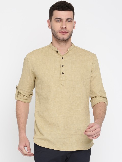 

British Club Men Beige Woven Design Straight Kurta