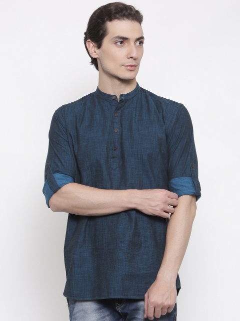 

British Club Men Blue Solid Straight Kurta