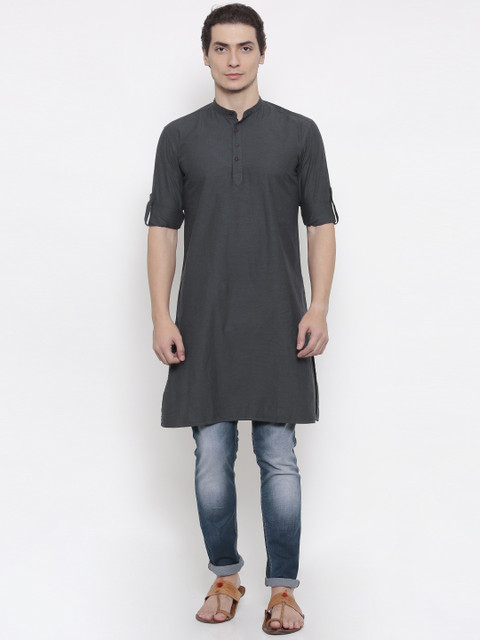 

British Club Men Charcoal Grey Woven Design Straight Kurta