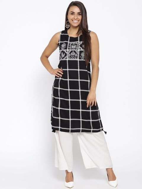 

Rangriti Women Black & Off-White Checked Straight Kurta