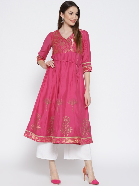 

Rangriti Women Pink & Golden Woven Design Anarkali Kurta