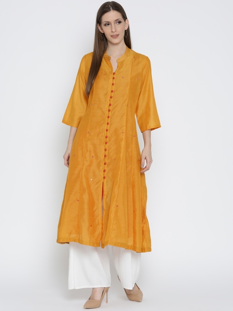 

Rangriti Women Mustard Yellow Mirror-Work A-Line Kurta