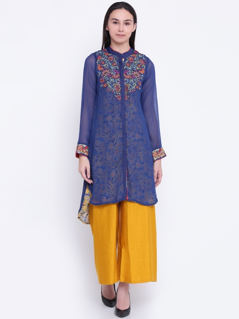 

Rangriti Women Navy & Yellow Printed Straight Kurta, Navy blue