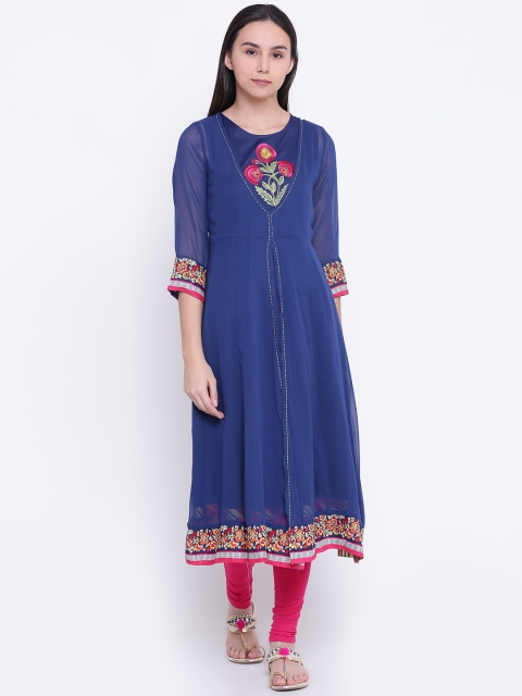 

Rangriti Women Navy Solid Layered A-Line Kurta, Navy blue