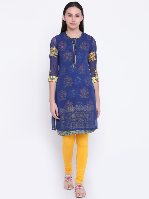 

Rangriti Women Navy Printed Straight Kurta, Navy blue