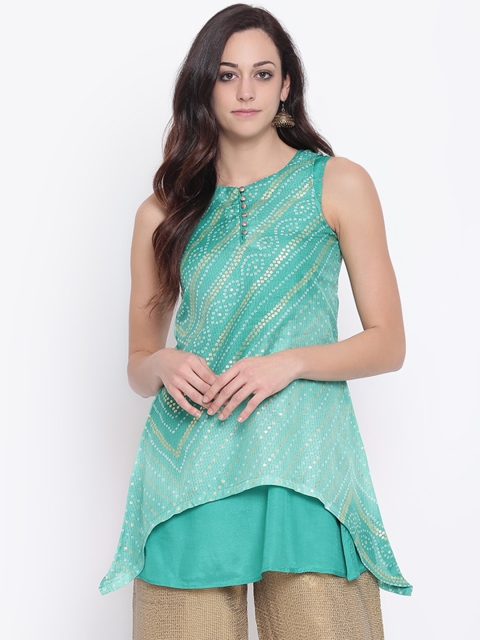 

Rangriti Women Green Printed Layered A-Line Asymmetric Kurta