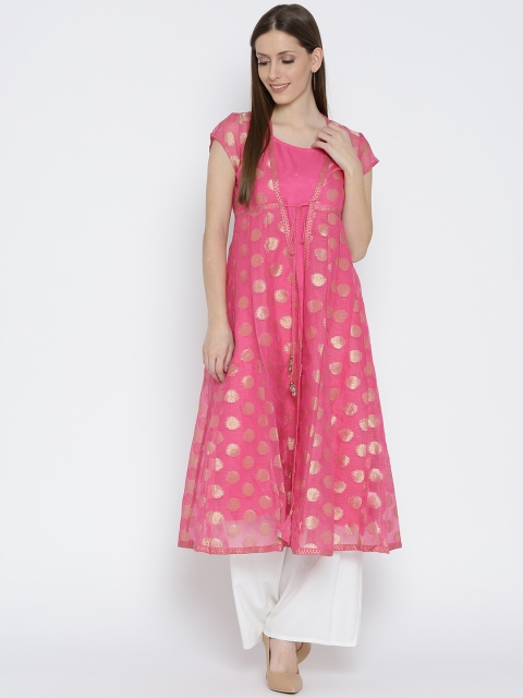 

Rangriti Women Pink & Golden Ethnic Motifs Woven Design Layered A-Line Kurta