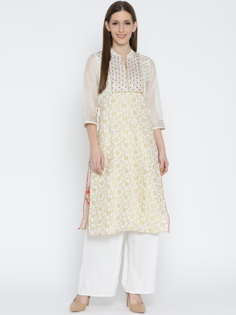 

Rangriti Women Off-White & Golden Woven Design Straight Kurta