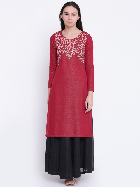 

Rangriti Women Maroon & Beige Woven Design Straight Kurta