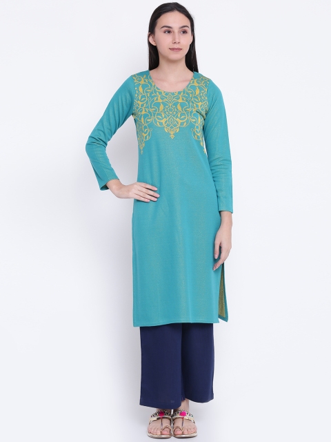 

Rangriti Women Sea Green & Yellow Yoke Design Straight Kurta